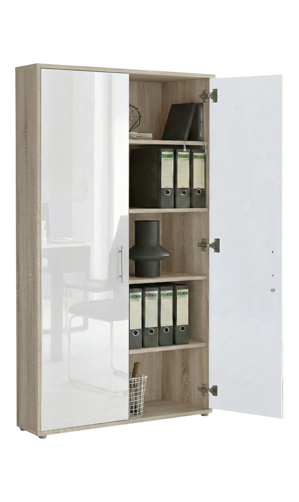 moebel-dich-auf Büromöbel Set Komplett TABOR 3 mit Schreibtisch, Rollcontainer, Aktenschränken & Regal – Büro Komplettlösung Korpus Eiche Sonoma Front weiß Hochglanz