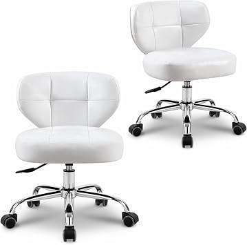 Paddie Pedicure Stools for Nail Tech Set of 2, Hydraulic Salon Spa Stool Back Support Short Height Adjustable Swivel Chair, Perfect for Massage/Tattoo/Esthetician/Shop/Medical, White