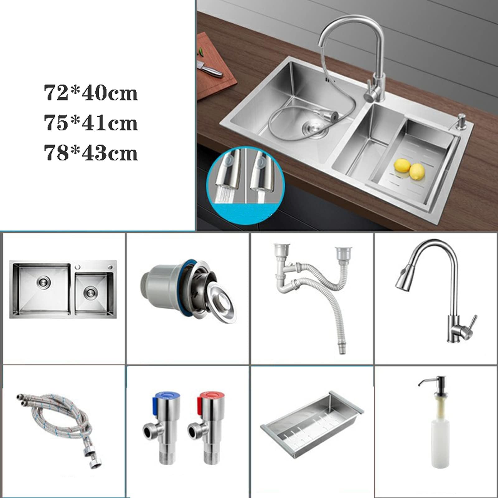 SDdPulse Juego de fregadero de cocina de doble tazón, fregadero de acero inoxidable 304 con grifo extraíble y cesta de drenaje para el hogar, oficina, bar y lavandería, plateado-7843
