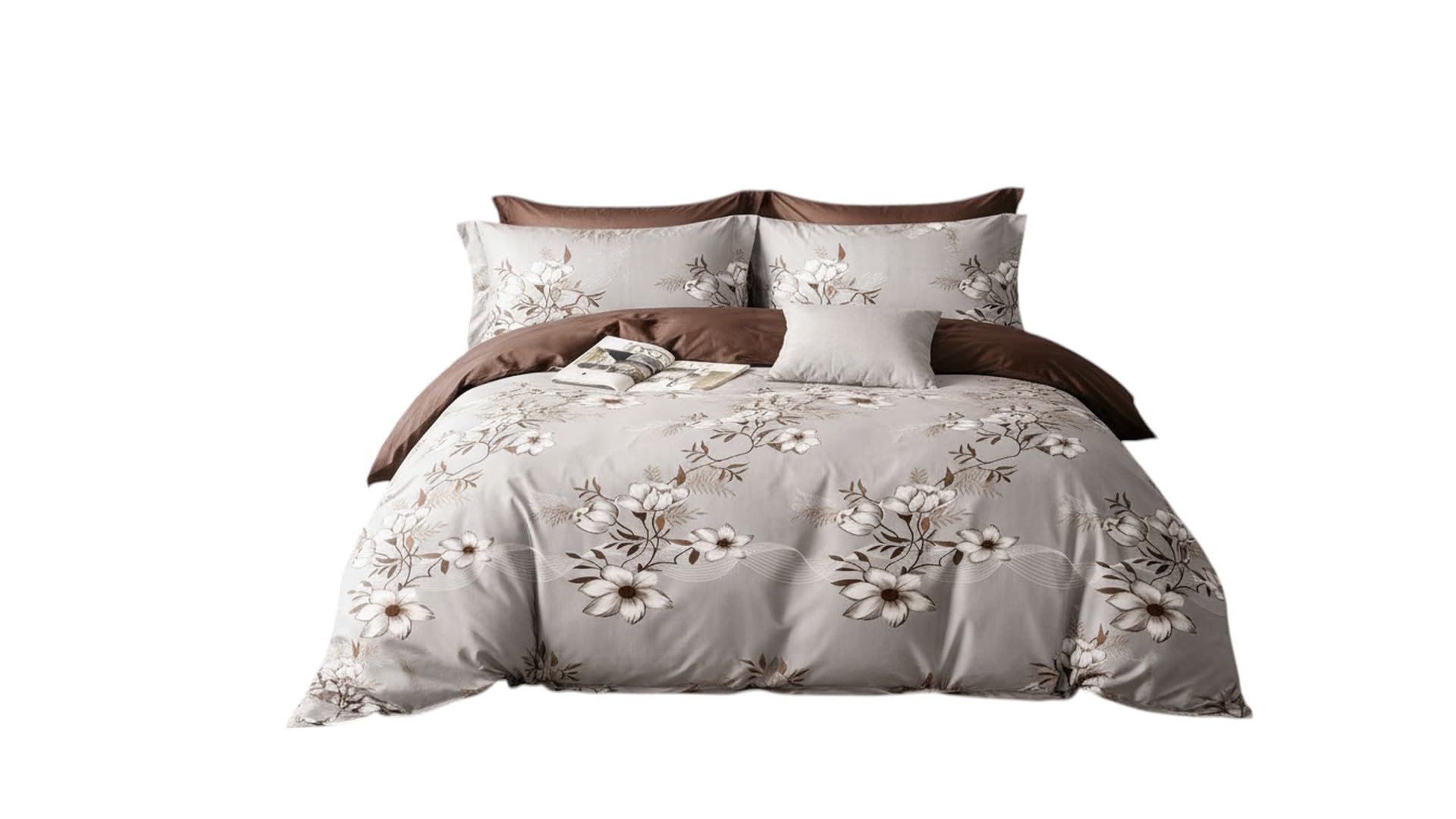 Floral Print Cover Set, Grey and Brown, with Pillow Covers | White Flower Design, Reversible Brown Side, Bedroom Decor, Multi-Piece Set, Soft Bedding-image-9