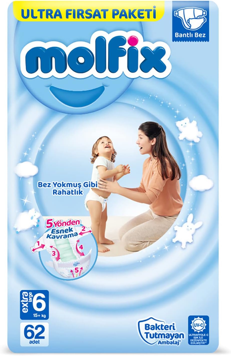Molfix Ultra Fırsat Paketi Extra Large 6 Beden Bebek Bezi (1 x 62 Adet), Çok renkli