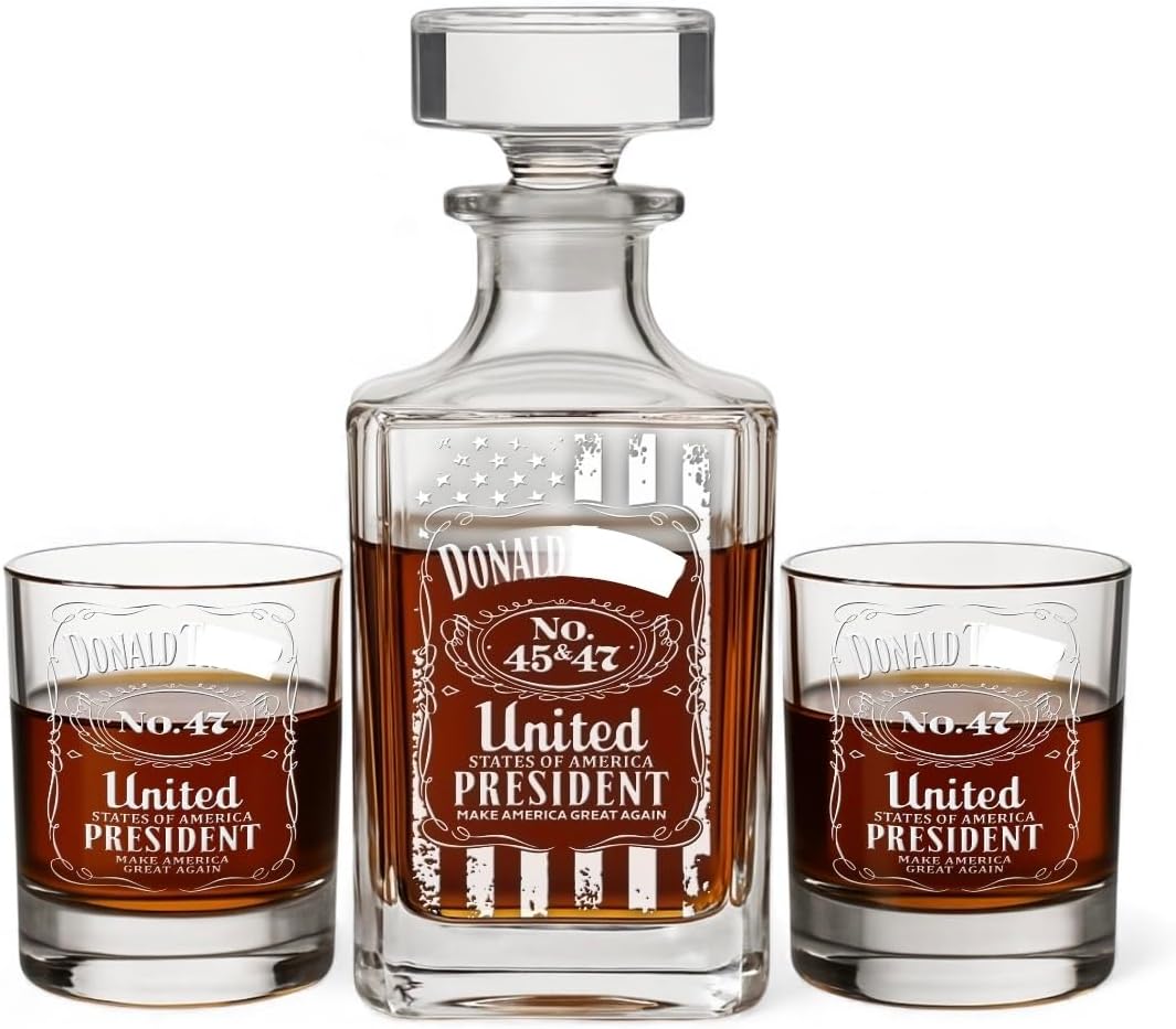 No. 47 3pc Decanter Set – American Flag Whiskey Decanter and Glasses – Hand Engraved Patriotic Liquor Decanter Set – USA Themed Whiskey Gift for Men – Bourbon Scotch Decanter Set