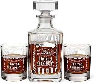 No. 47 3pc Decanter Set – American Flag Whiskey Decanter and Glasses – Hand Engraved Patriotic Liquor Decanter Set – USA Themed Whiskey Gift for Men – Bourbon Scotch Decanter Set