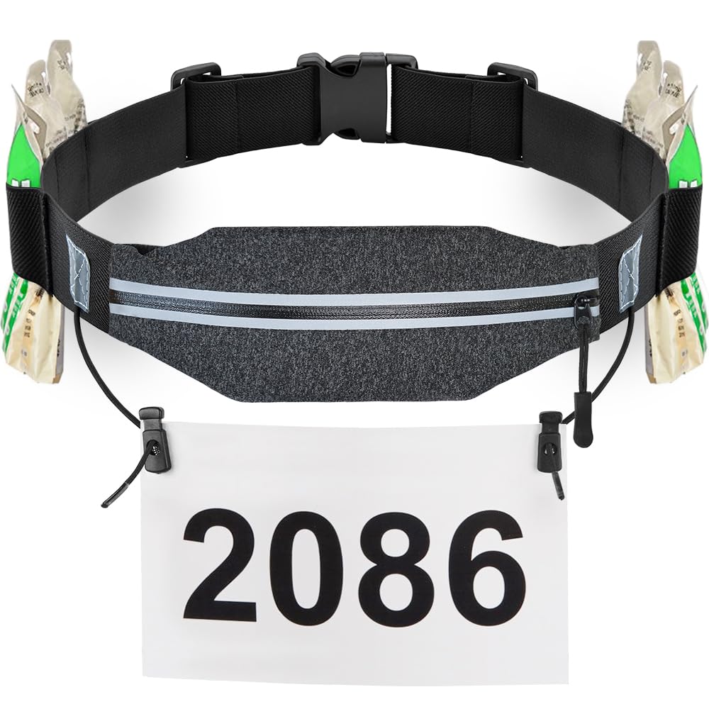 RJ-Sport Slim Running Belt Race Number Belt BIB Holder with 6 Energy Gel Loops for Workout, Jogging, Triathlon, Marathon, Running and Cycling, Grey, One Size-image-24