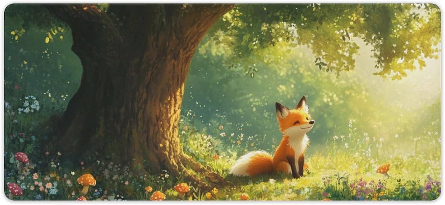 Fox Mouse Pad - Large Gaming Desk Mat with Cheerful Fox in Sunlit Forest Design, Non-Slip, Water-Resistant, Stitched Edges (40x90cm)