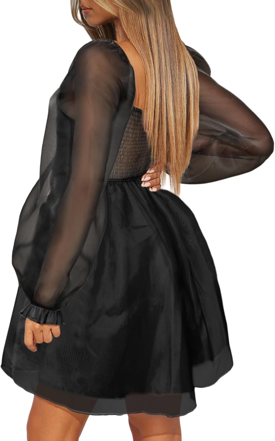 Women’s Floral Mini Dress Long Sleeve Square Neck Babydoll Casual A-Line Flowy Short Dress - Image 3