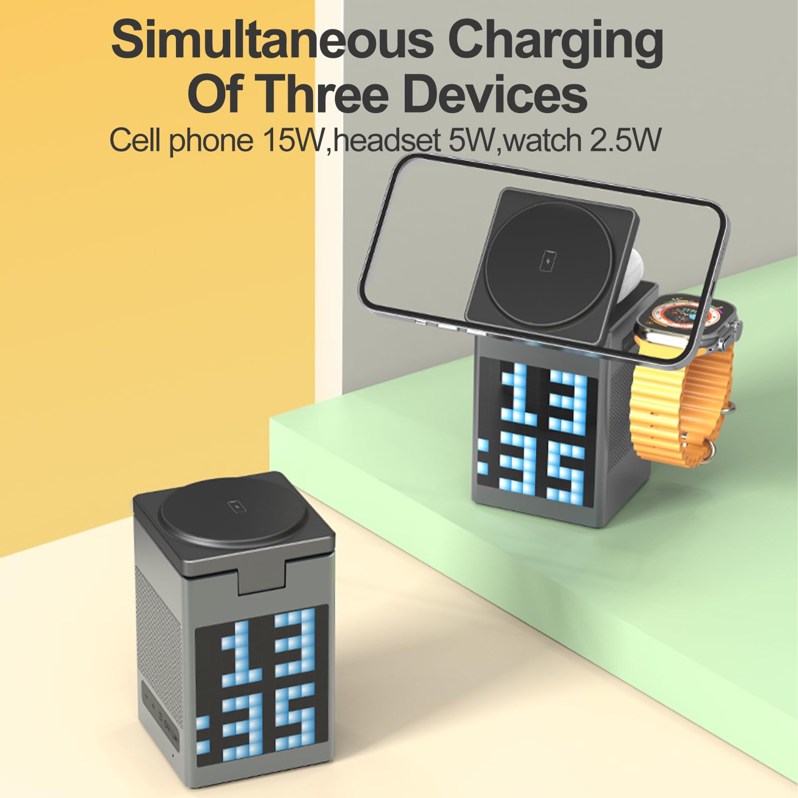 6 en 1 Station de Charge sans Fil Magnétique, Quai de Charge Rapide Pliable 15W pour la Montre D'écoute Téléphonique, Support de Chargeur de Voyage avec Horloge LED,