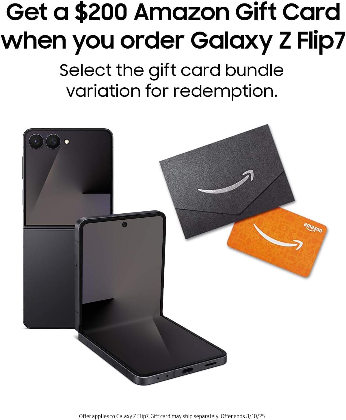 Samsung Galaxy Z Flip7 Cell Phone + Gift Card, 512GB AI Smartphone, Unlocked Android, Long Battery Life, 2025, US 1 Yr Manufacturer Warranty, Jet Black