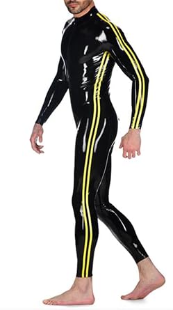 Latex Catsuit with Yellow Trim Back Zipper for Men Tight Rubber Bodysuit Jumpsuit