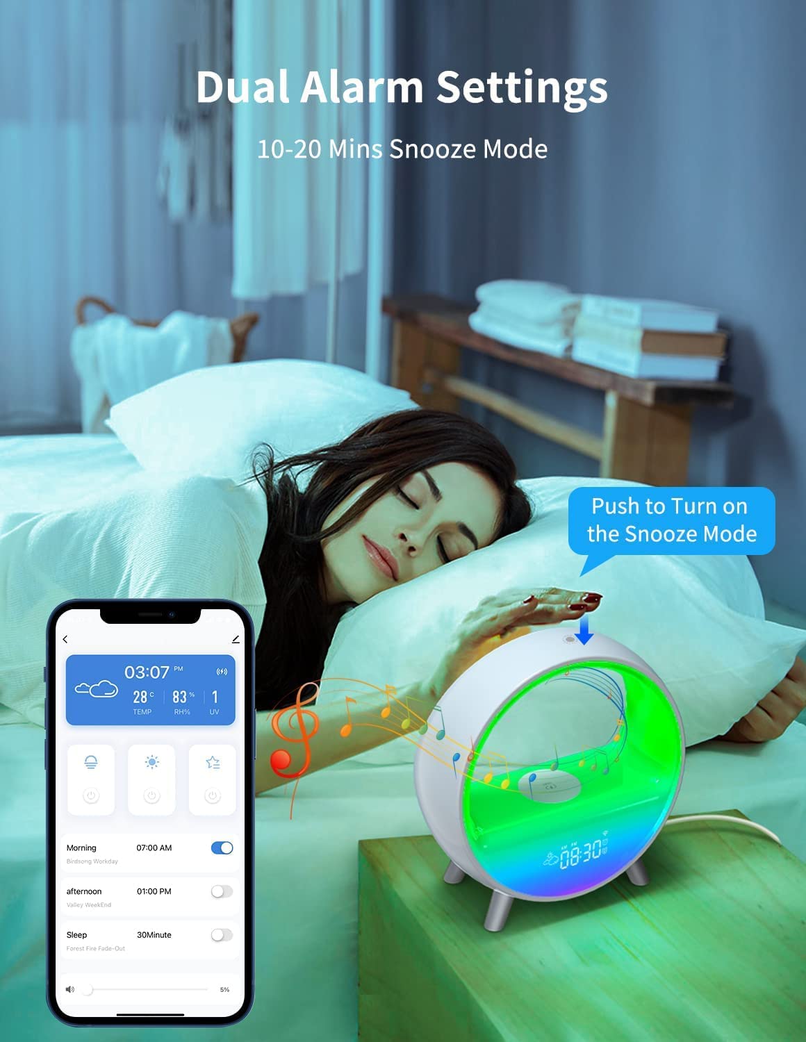 LED Nachttischlampe mit Wecker, WiFi Smart Tischlampe Klangmaschine, Lausprecherkompatibel Alexa/ Google Assistant, 12/24 Kalender, App-Steuerung, Geschenk für Weihnachten, Party, Weiß-1