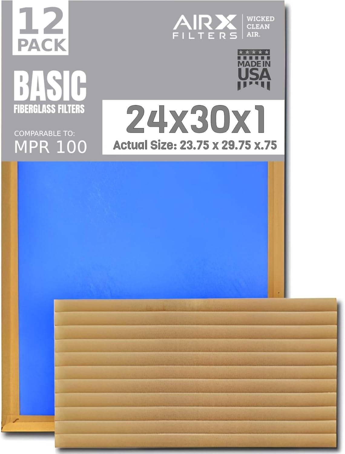 24x30x1 Air Filter Comparable to MPR 100 Basic Economy Furnace Filters, 12 Pack of Non Pleated Fiberglass Filter For Dust - Low Airflow Restriction! From AIRX FILTERS WICKED CLEAN AIR.