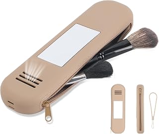 Uguzee Travel Makeup Brush Holder with Mirror Zipper Closure Silicone Makeup Brush Case Anti-Fall Out Brush Large Makeup Brush Organizer Bag for Women Girls Travel