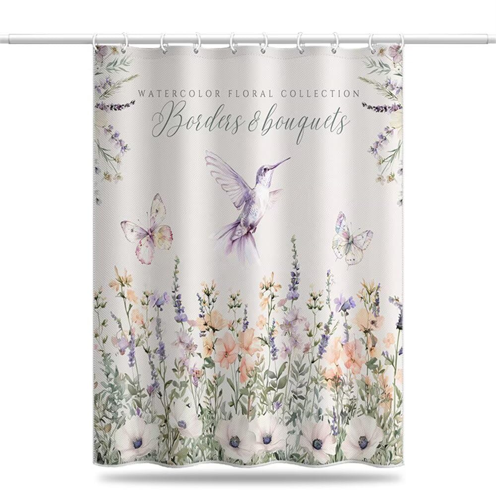 Shower Curtain Rustic Style Mould & Mildew Resistant Hummingbird Floral Shower Curtains for Bathroom 180cm x 200cm Drop, Washable Waterproof Polyester Bath Curtain with Hooks 71 x 79 Inch (LB1903)