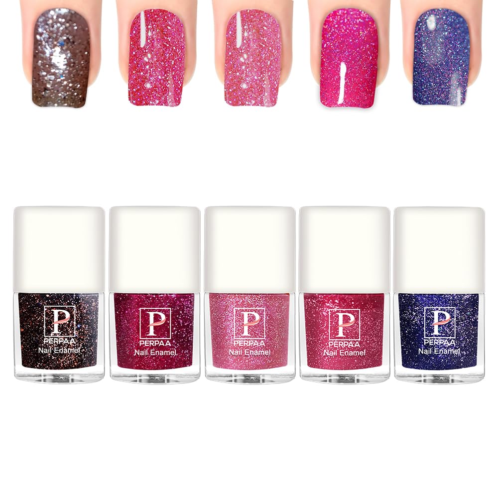 PERPAA Glitter Nail Polish for Women & Girls Combo Pack of 5, 5 ml each (Brown,Pink,Baby Pink,Light Pink,Royal Blue)-image-19