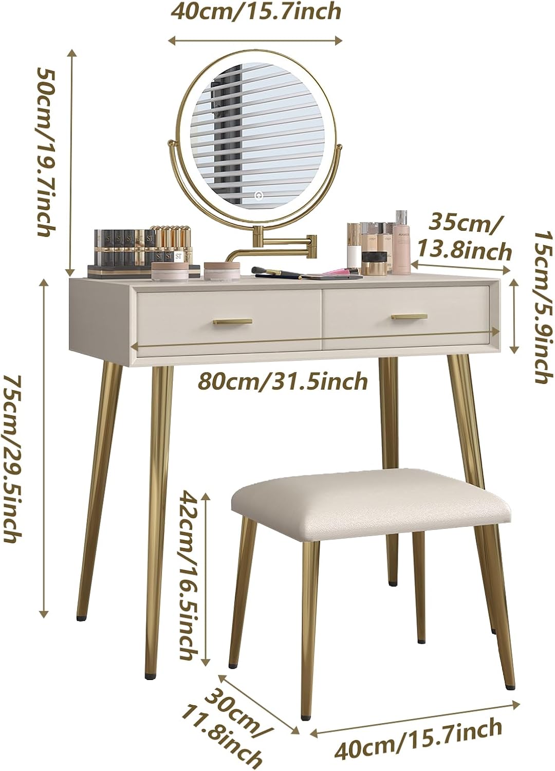 Vanity Desk Set with 360° Rotating Mirror and Lights, Small Makeup Vanity with Microfiber Leather, Vanity Table with 2 Drawers, Stool, 3 Lighting Modes - 31.5in Beige