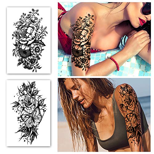 Full Arm Waterproof Temporary Tattoos 8 Sheets And Half Arm Shoulder Tattoo 10 Sheets, Extra Large Lastingtattoo Stickers For Girls And Women (22.83"X7.1") #TOP6