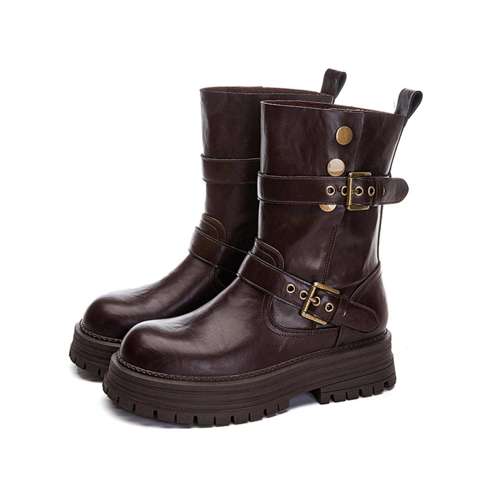 Womens Thick-Soled Side-Buckle Mid-Calf Boots Fashionable Side-Buckle Round-Toe Thick-Soled Mid-Cut Motorcycle Boots Suitable For Shopping Cycling And Walking