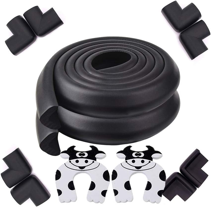 Besego Edge & Corner Guards Set, [2*6.56 Ft Edge + 8 Corner] Safety Furniture Bumper with 2 Foam Door Stopper For Table, Stair, Cabinet, Countertop,Cushion foam strip, Childproof pad - Black