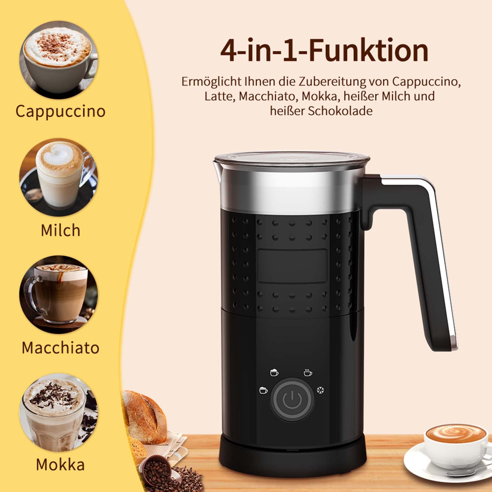 Mousseur à Lait Electrique 4 en 1 - Mousseurs à lait Automatiques Grande Capacité 300 ml Silencieux Pour mousse de Lait Chaude et Froide Chocolat Chaud Latte Cappuccino Macchiato