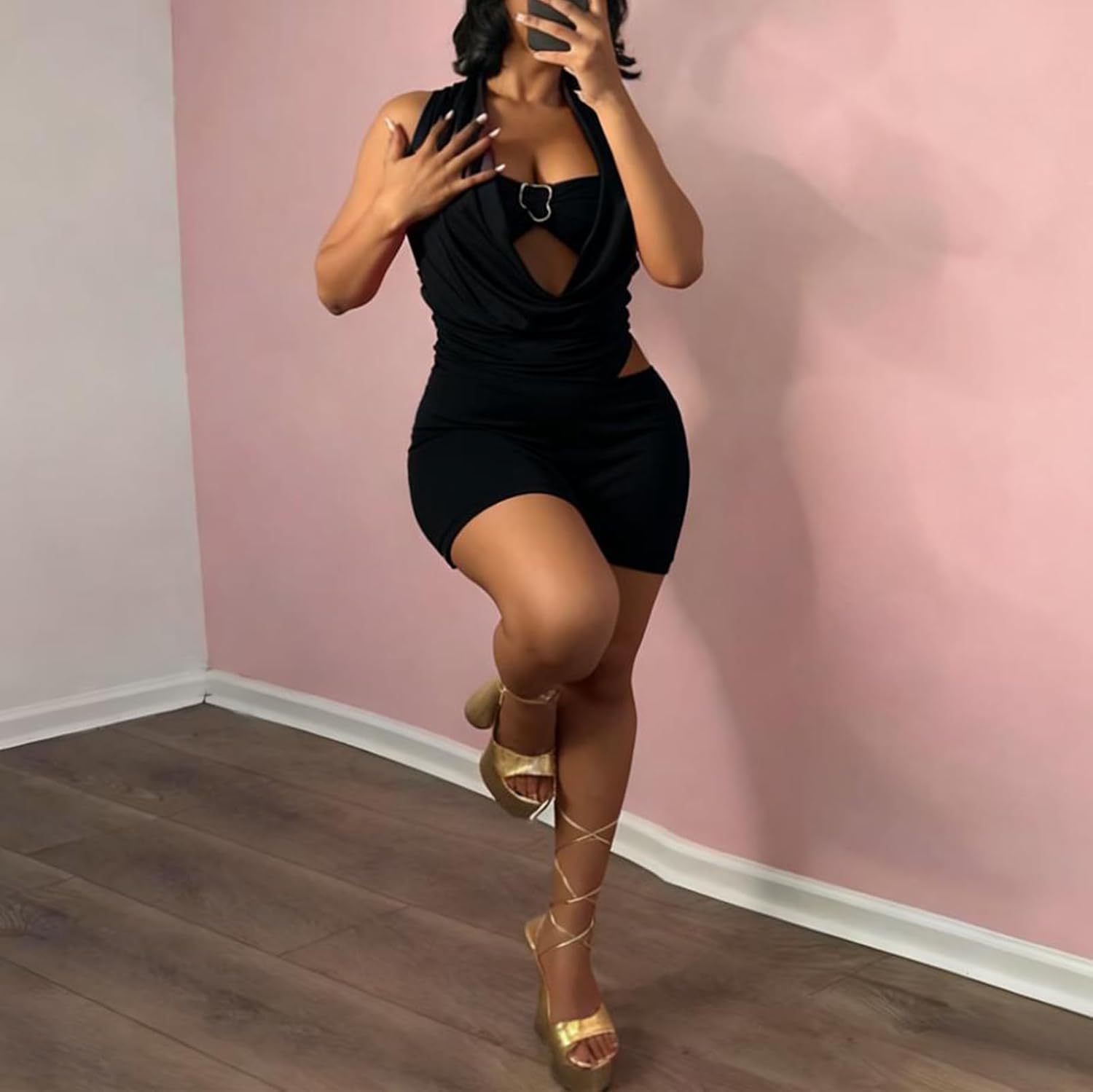 Sexy Club Outfits for Women 2 Piece Cowl Neck Jumpsuit Set Bodycon Shorts Deep V Neck Solid Color Romper for Night Out - Image 2