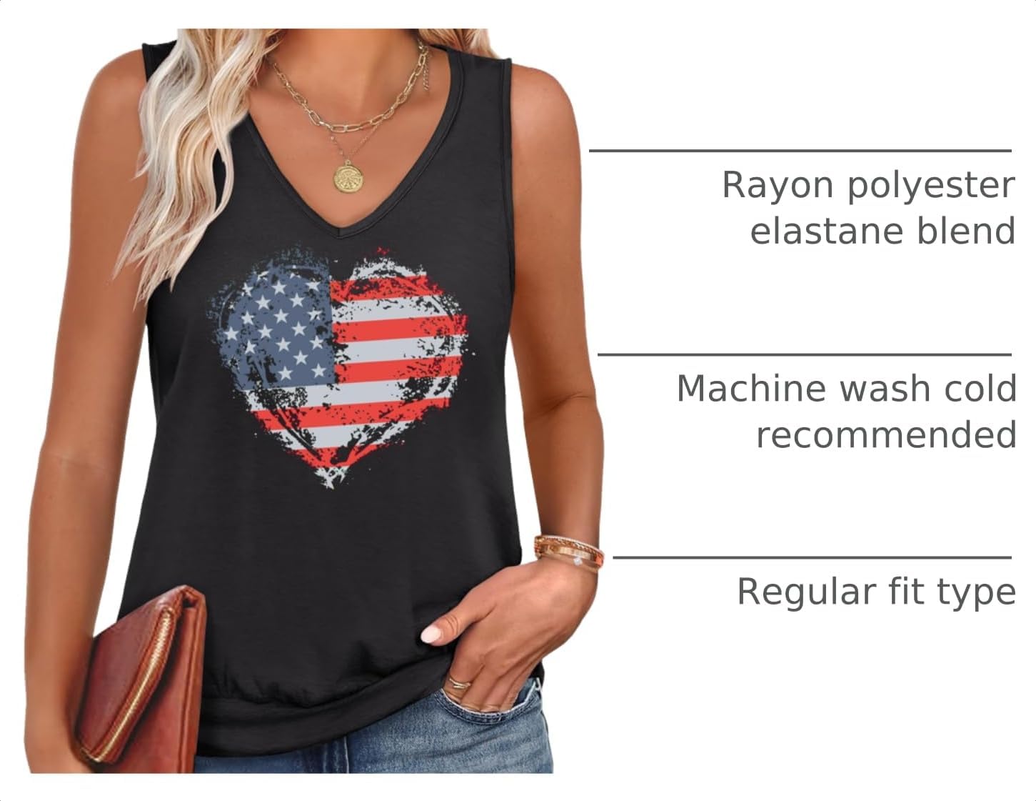 LOGENE American Flag Tank Tops for Women 4th of July Independence Day Summer Sleeveless V Neck Patriotic Basic Shirts Tees Black-Heart Large image 4