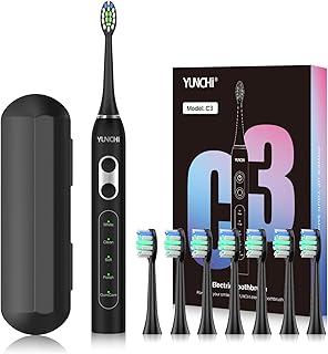 YUNCHI C3 Cepillo de dientes eléctrico sónico para adultos, 8 cabezales y estuche de viaje, recargable, con 5 modos y carga USB tipo C, cerdas medias, color negro