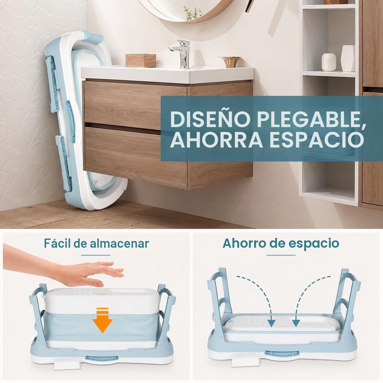 Bañera plegable para adultos 118x60x50cm, bañera plegable compacta para adultos, plegable 22 cm con tapa, doble desagüe, tubo de drenaje y cesta de almacenamiento, para ducha y baño pequeño