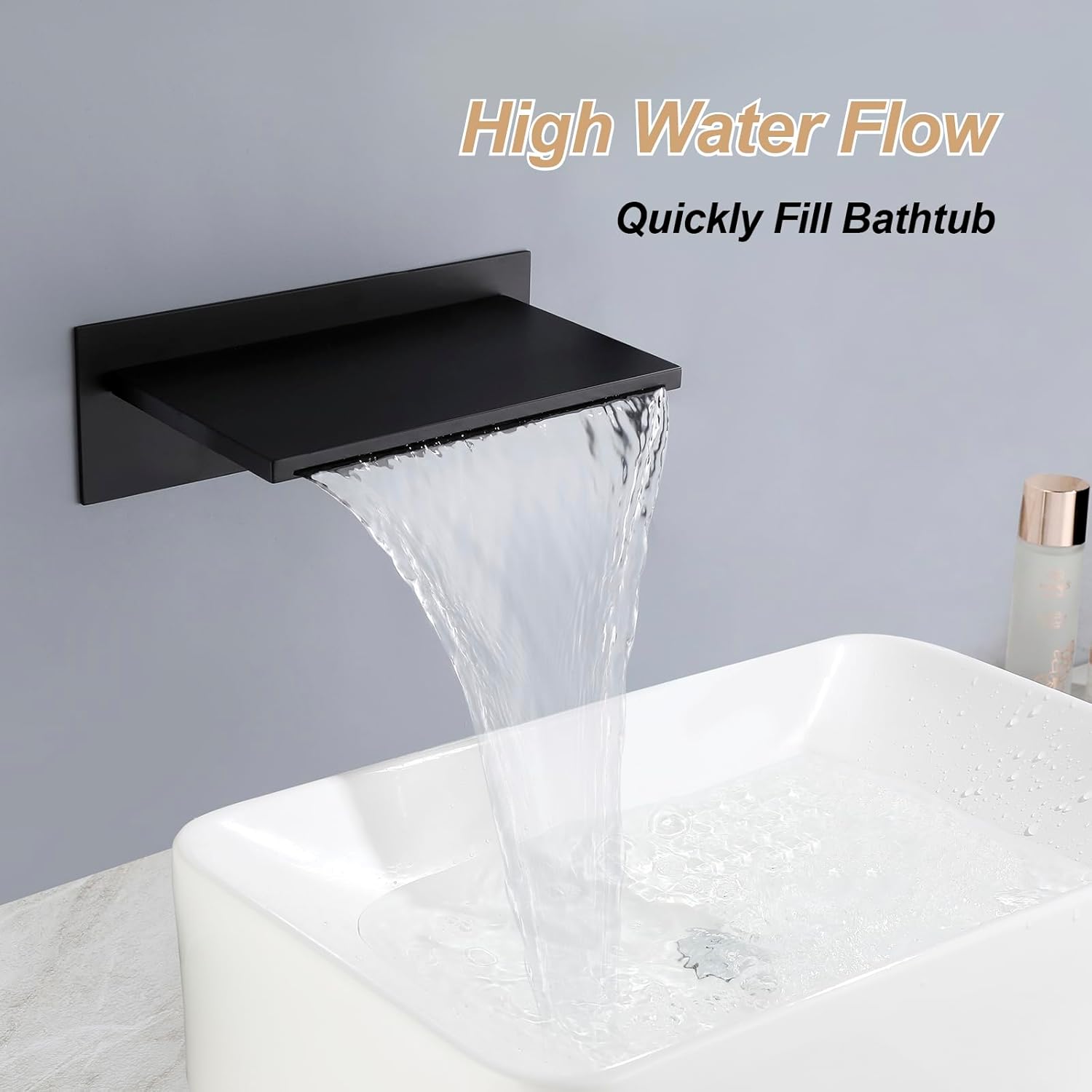 Wall Mount Bathtub Spout Waterfall Tub Faucet Modern Bathroom Tub Spout Wall Mounted Tub Sprayer High Flow Tub Filler Spout, Matte Black