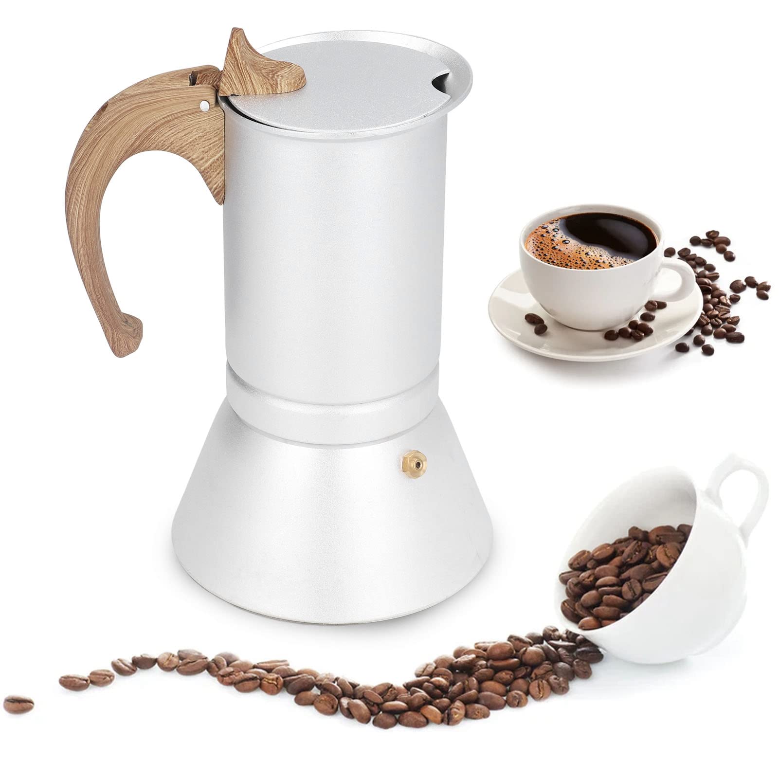 Caffettiera a fornello, Caffettiera italiana, Pentola professionale in metallo con struttura in acciaio inossidabile e alluminio, per fornelli elettrici a gas a induzione, Argento (300 ml)