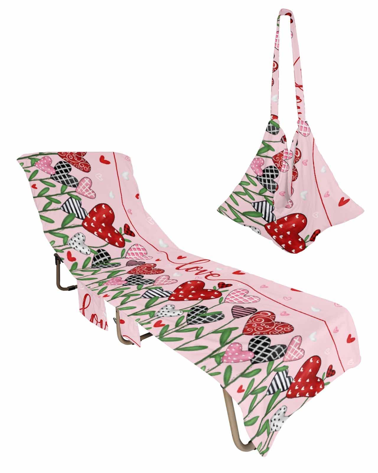 Pink Love Beach Chair Towel Covers for Chaise Lounge with Side Pocket, Soft Plush Pool Towels Cover for Patio Sunbathing Outdoor 29''x85'' Valentine's Checkered Striped Plant Leaf