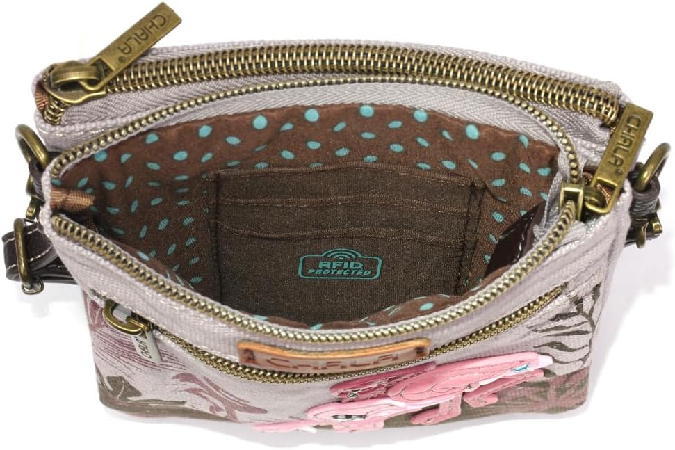 CHALA Double Pocket Xbody Women RFID Protected Canvas Crossody Purse with Adjustable Strap - Flamingo Group - gray - Image 5