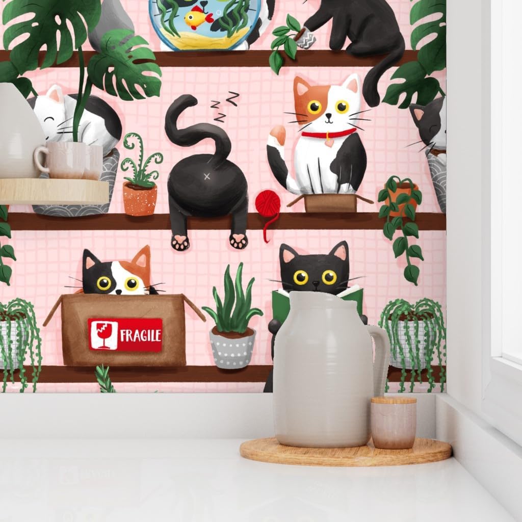 Peel & Stick Wallpaper 6ft x 2ft - Funny Cats Black Cat Calico Cats Rescue Kitties Houseplants Custom Removable Wallpaper by Spoonflower