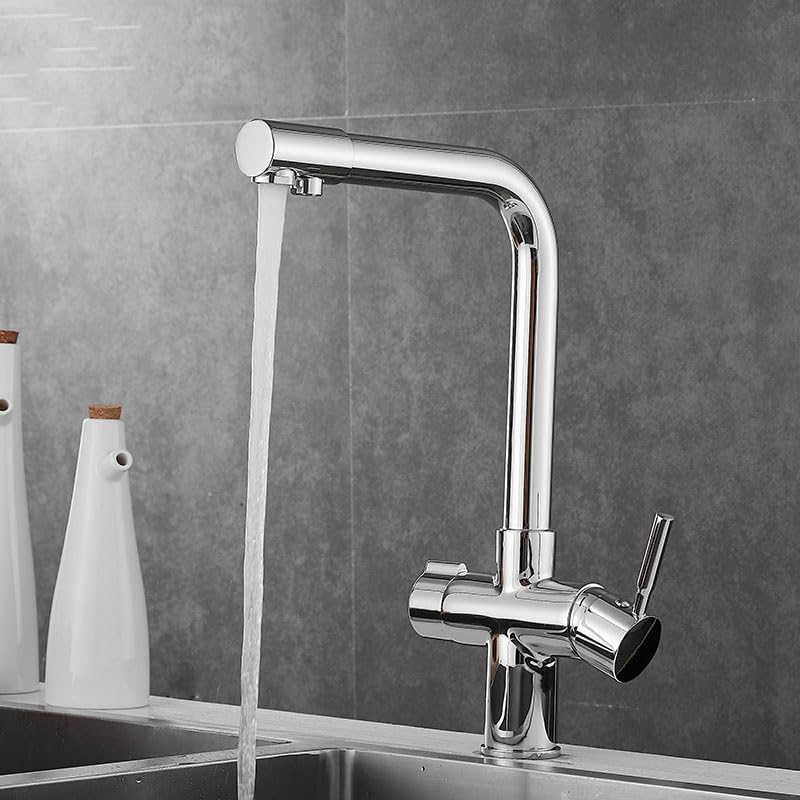 Mitigeur d'évier cuisine 3 voies avec filtre eau et double sortie chromé