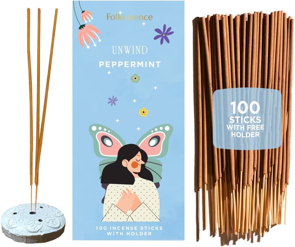 Folkulture Peppermint Incense Sticks | Incense, Set Of 100 Insence-Sticks With Holder For Relaxation | Relaxing Incense | Organic, Slow Burning & Non Toxic Inscents For Meditation | Yoga Inspired