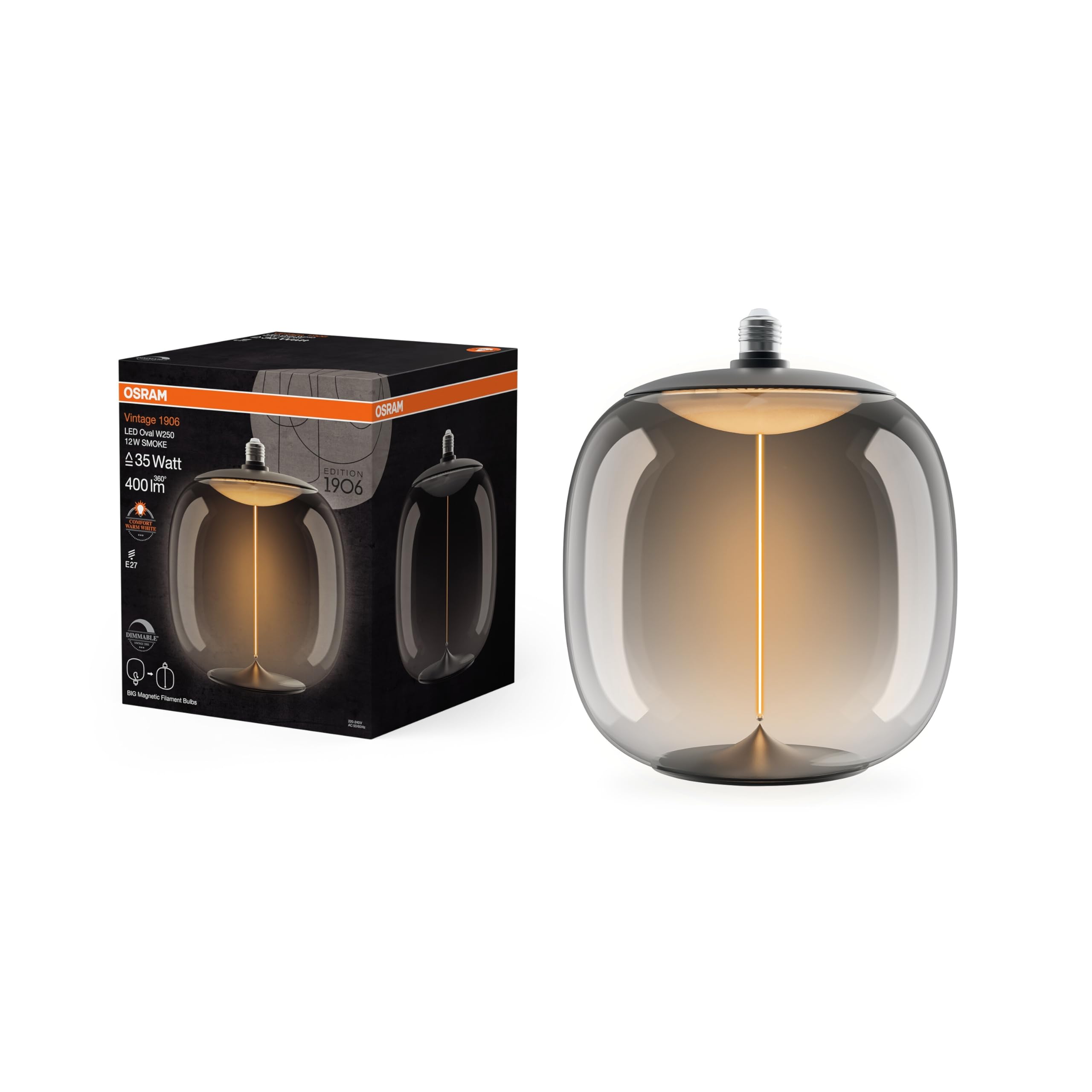 OSRAM Vintage 1906 Big Oval, ściemniana, dekoracyjna lampa wykonana z tworzywa sztucznego z technologią magnesu żarnikowego LED, oferuje 12 W na 400 lm, oprawka E27, dymiona konstrukcja, średnica 250