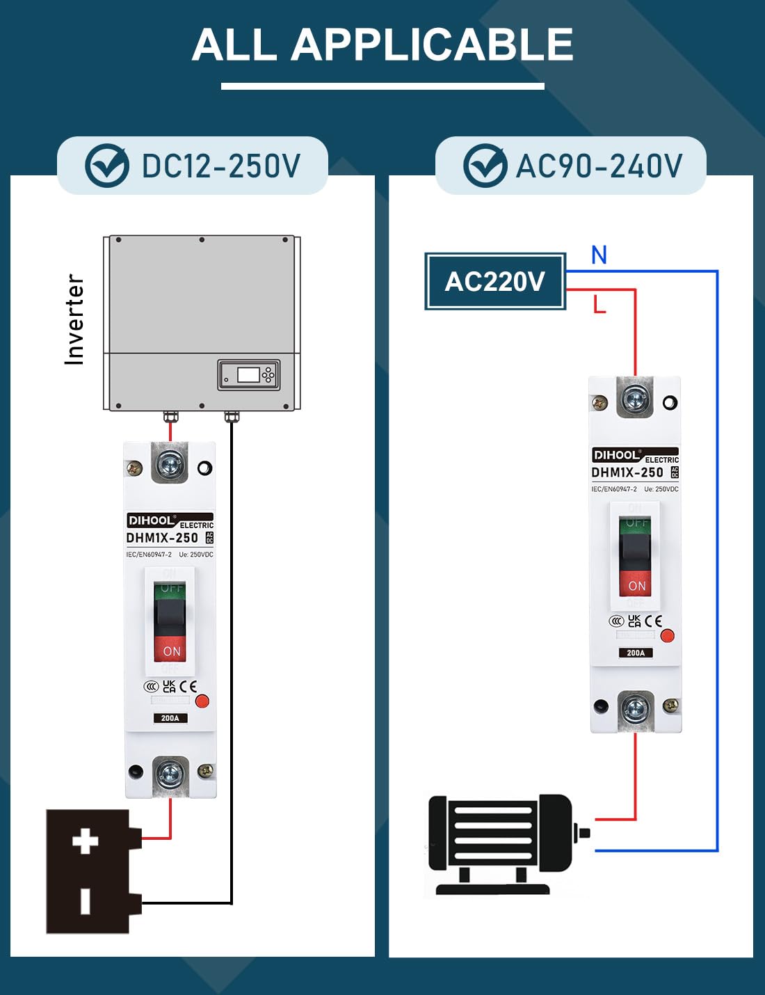 DIHOOL 200 Amp DC Breaker, 240V Battery Disconnect Switch, Thermal Magnetic Trip for Main Power Station Solar System, UPS