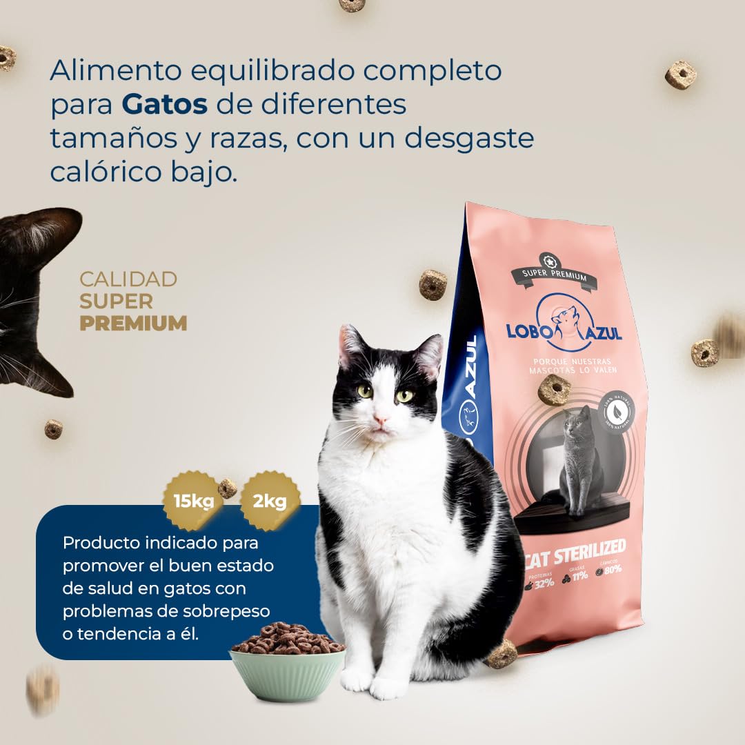 Cat Sterilized - Gatos Esterilizados - 100% Natural con - Buey, Pollo, Arroz Integral y Aceite de Salmón. Ideal para Control Peso, Gatos Sedentarios, Sobrepeso - Lobo Azul Super Premium