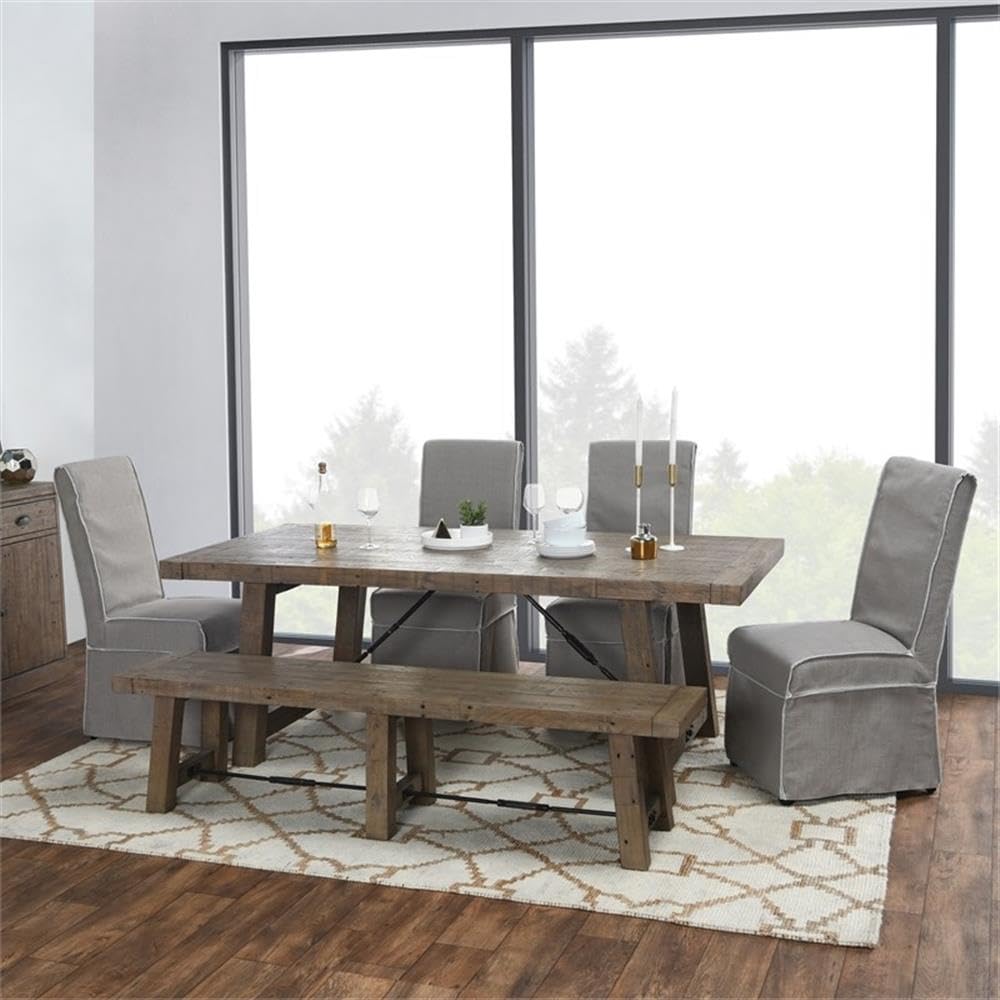 Pemberly Row Transitional Reclaimed Pine Bench, 74 in Wide, Weathered Brown Finish, Seats up to 3, Metal Turnbuckle Accents, Hand-Finished Dining or Kitchen Room Seating