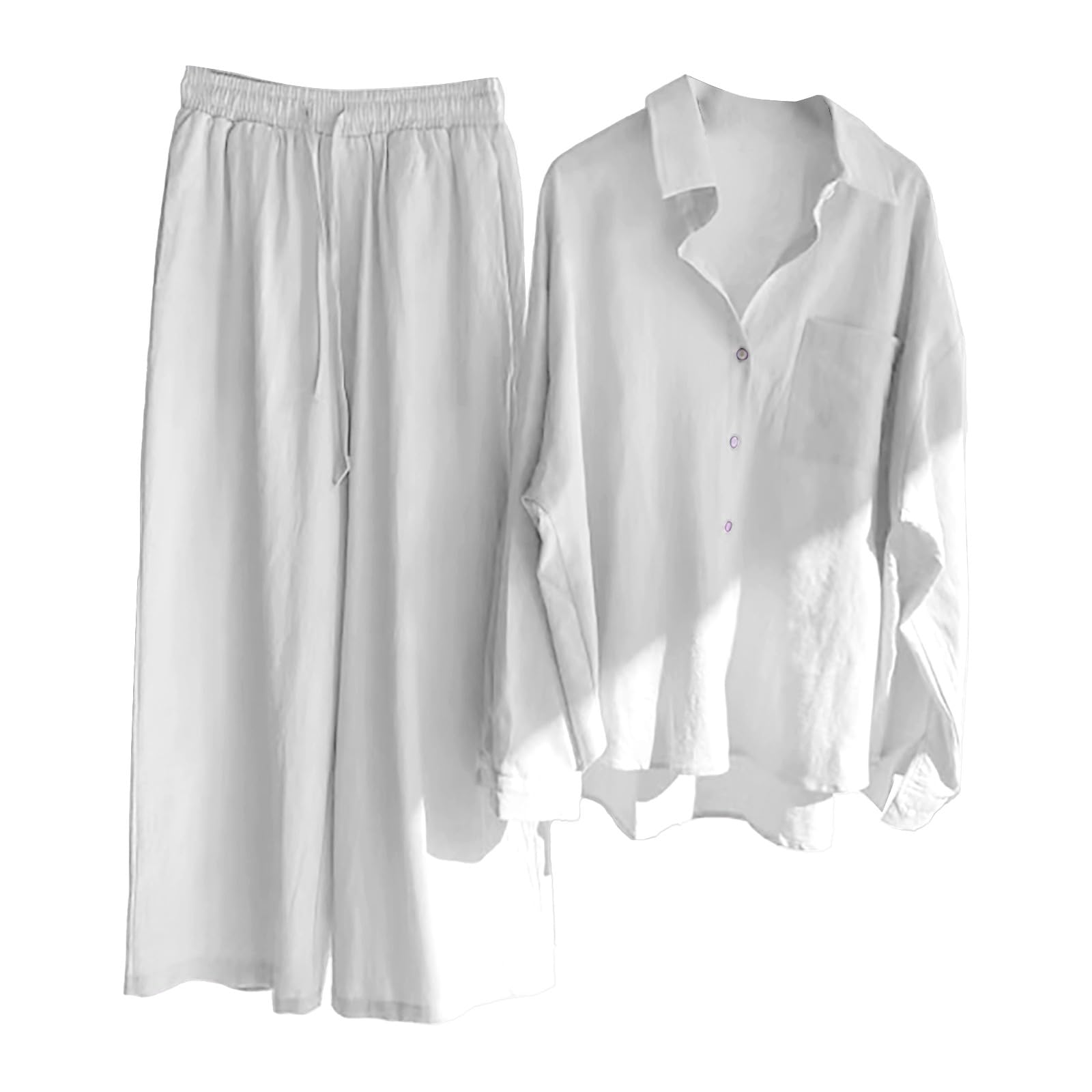 Traje de lino para mujer de verano, traje de verano para mujer, ligero, elegante, traje de ocio, moderno, algodón, 2 piezas, conjunto deportivo de dos piezas con pantalones, conjunto de muselina