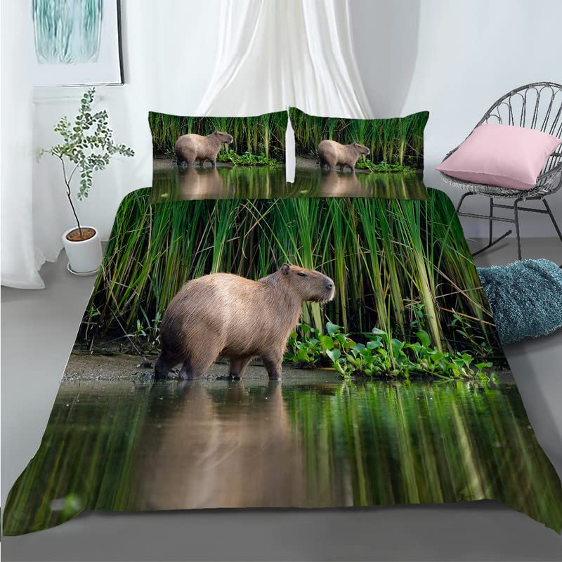 Parure de lit capybara 90x190 housse de couette microfibre vert foncé enfant
