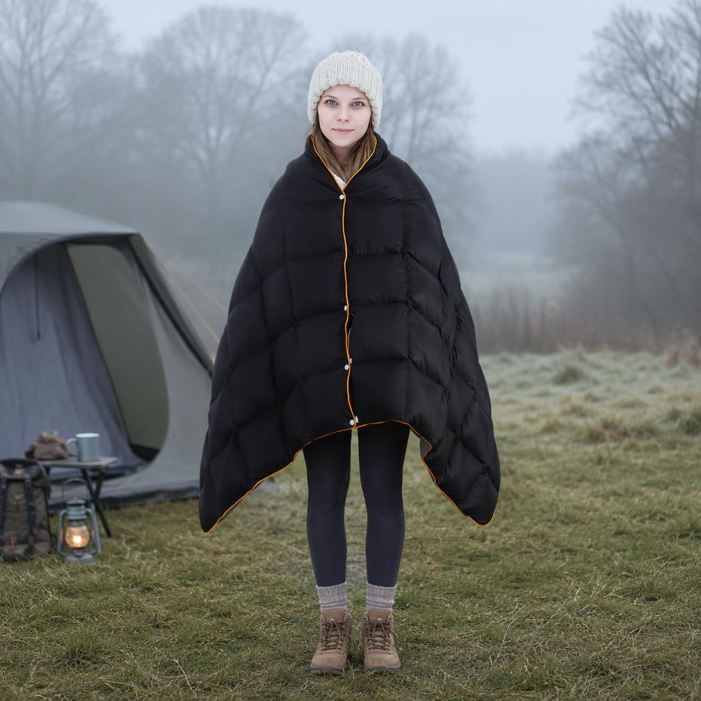 Couverture de camping 100 % duvet de canard – 145 x 184,9 cm, légère et pliable, coque résistante à l'eau 20D, compacte et chaude pour la randonnée, les voyages et le camping en plein air