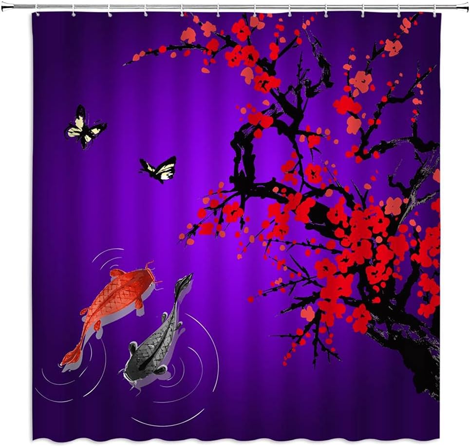 Asian Shower Curtain Red Cherry Blossom Flower Branch Koi Fish Japanese Oriental Antique Chinese Ink Painting Landscape Abstract Art Purple Fabric Home Bathroom Decor Set with Hooks（84" Wx70 H）