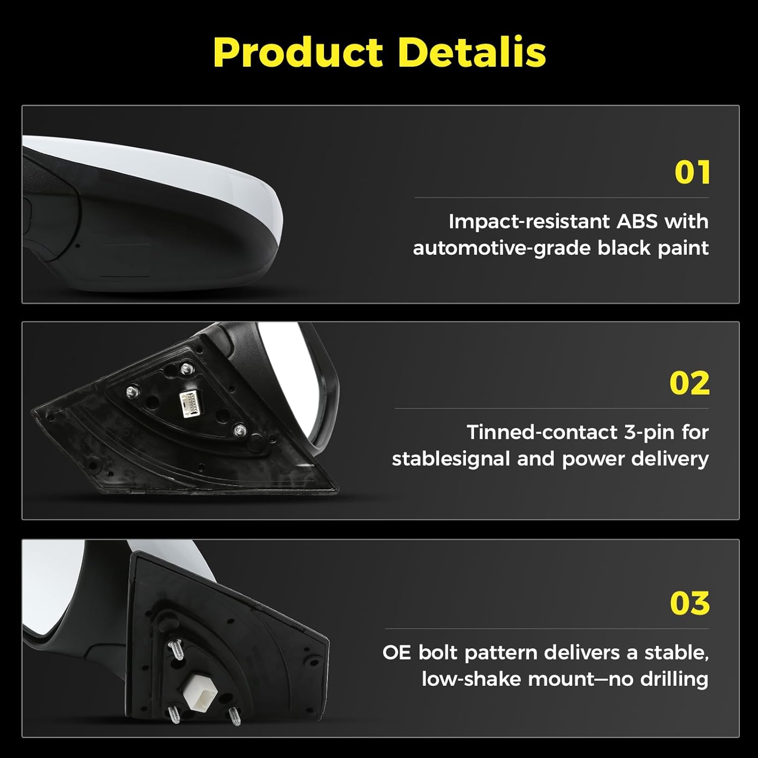 Driver Side Mirror (Left/LH) Compatible with Hyundai Elantra 2014-2016, Power Adjust, Manual-Folding, 3-Pin Connector, White Housing, Replaces 876103Y550, HY1320220