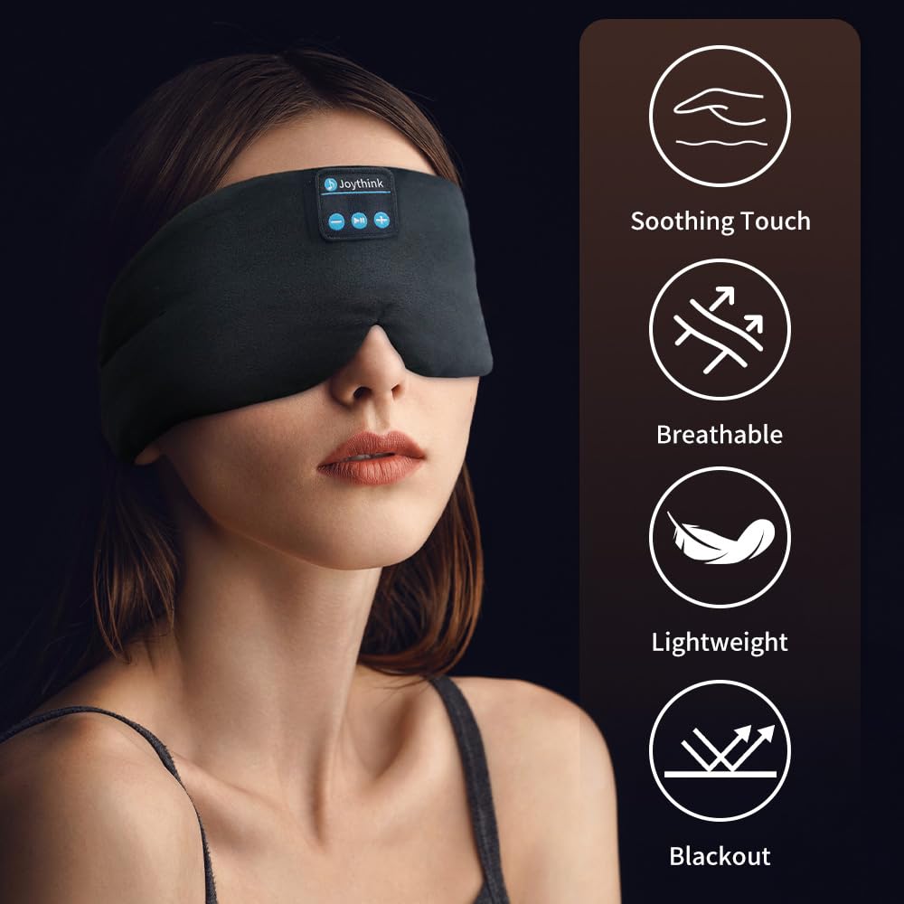Joythink Sleep Headphones Sleep Mask Bluetooth Wireless Music Eye Mask, Sleeping Headphones Headband for Side Sleepers Cotton Sleep Mask with Bluetooth Headphones Ultra-Thin Stereo Speakers