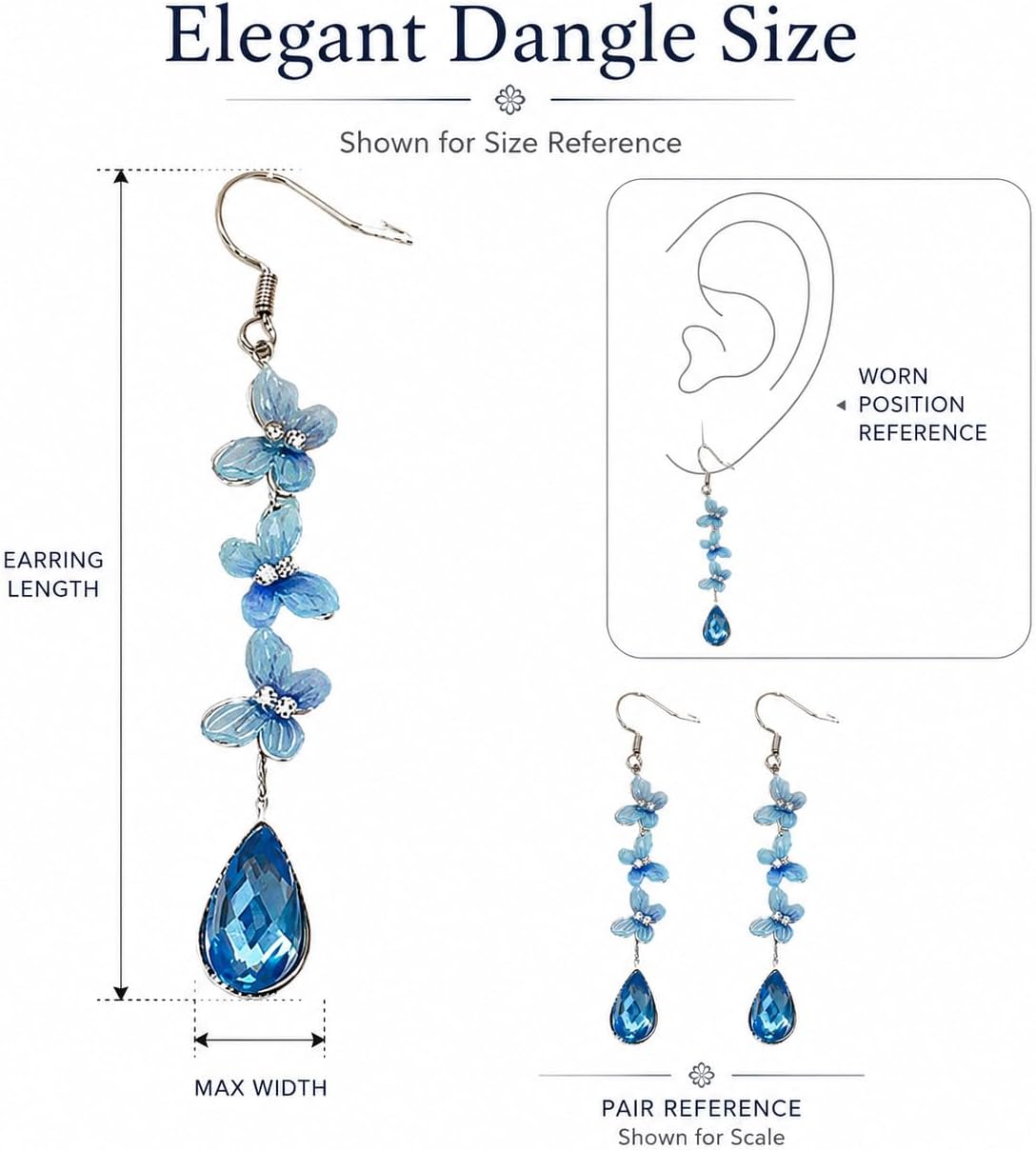 BlueCrystal Flower Dangle Earrings for Women Elegant Drop Statement Jewelry image 4