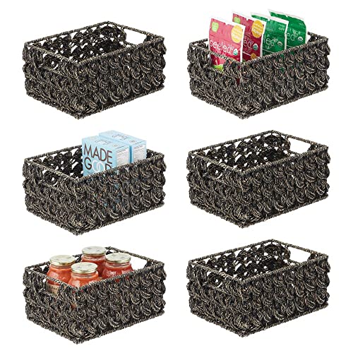 mDesign Woven Seagrass Kitchen Cabinet Pantry Storage Organizer Basket Bin with Handles - Store Fruit, Snacks, Cereal, Oil and Vinegar, Baking Supplies, Pastas, Packets, 6 Pack - Black Wash