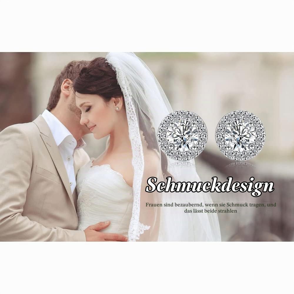 JewelryPalace Rund 1ct Moissanite Halo Ohrstecker Silber 925, Braut Schmuck Set, Ohrringe Silber Mädchen Edelstein, Ohrstecker Silber Silber Klein mit Stein Geschenk für Frauen Rosegold Gold