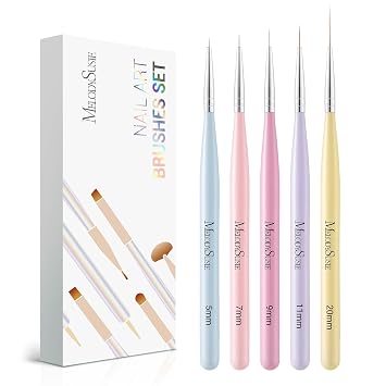 MelodySusie Nail Art Liner Brushes 5Pcs Professional Gel Polish Painting Art Design Pen Set for Thin Long Lines, Tiny Details, Fine Drawing, Delicate Coloring Sizes 5/7/9/11/20mm