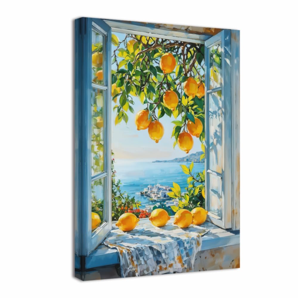 ZQQART Lemon Pictures for Wall Kitchen Fruit Wall Decor Yellow Citrus with Blue Pottery Canvas Prints for Dining Room Farmhouse Framed(Grey,42L x 28W)