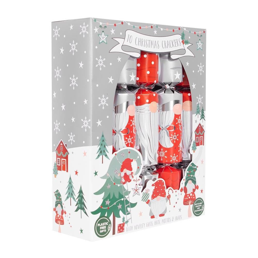 Harvey & Mason Red+Silver Set Of 10 Christmas Crackers Festive Gonks Red And Silver Festive Table Décor